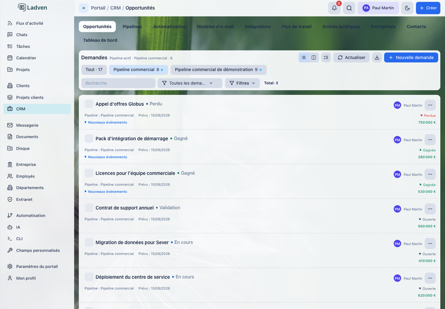Liste des affaires du CRM : affaires du pipeline « Pipeline commercial » avec étape, client et montant