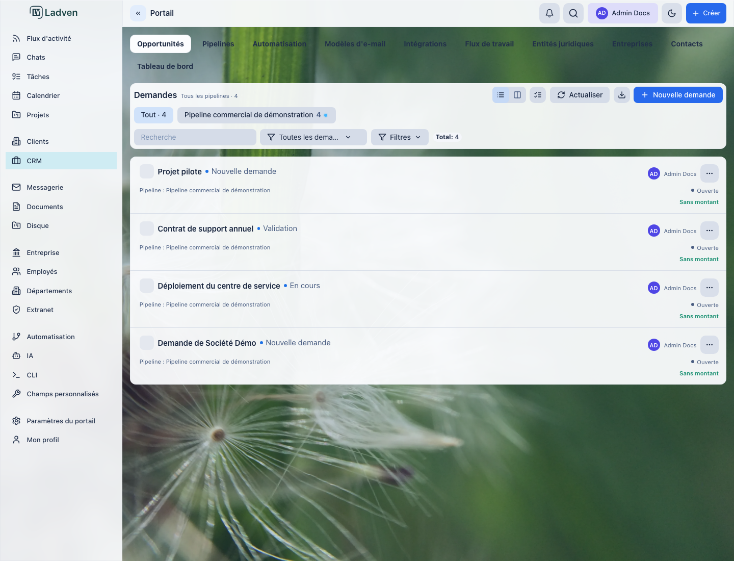 Tableau des opportunites du CRM : le Pipeline commercial de demonstration avec des opportunites par etapes