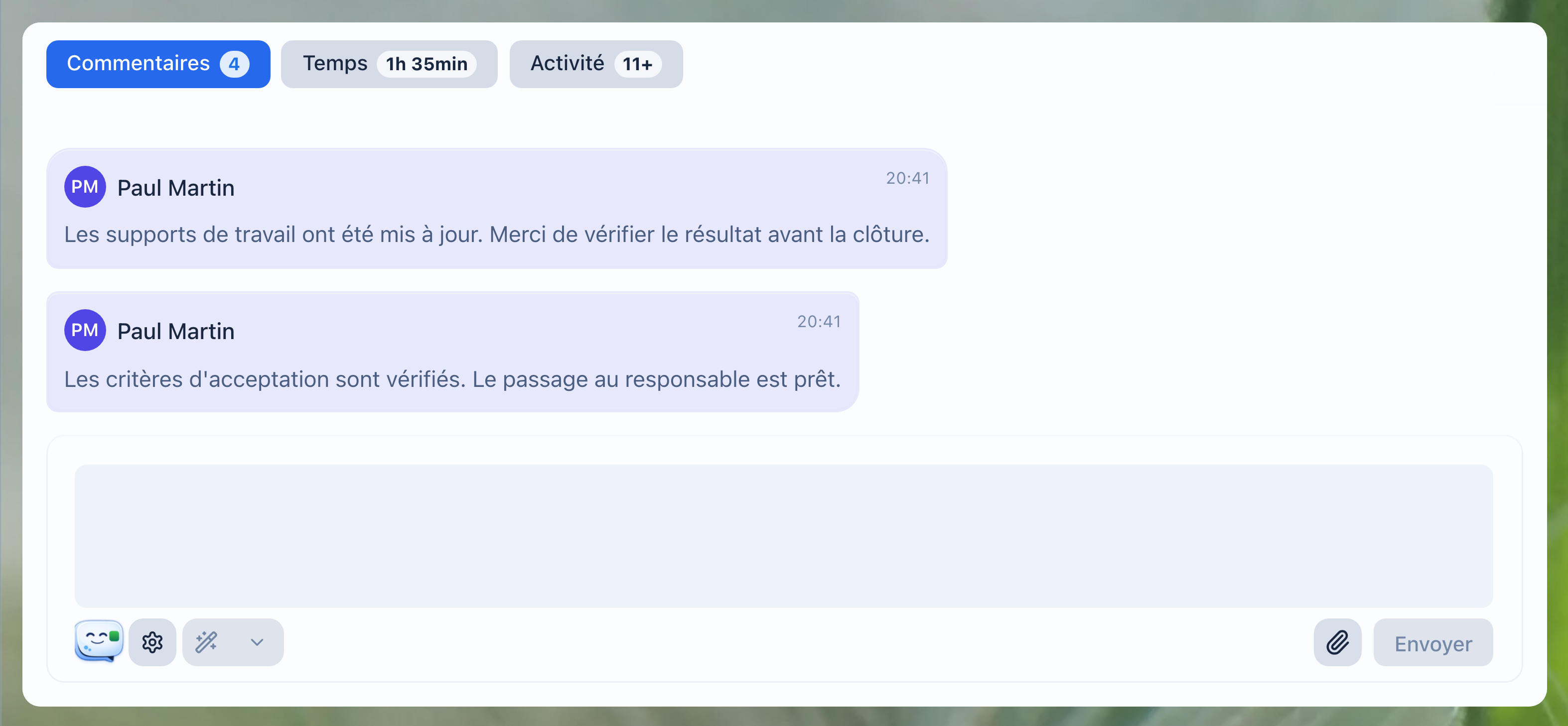 Deux commentaires de tâche qui consignent le contexte de vérification et le prochain point à contrôler