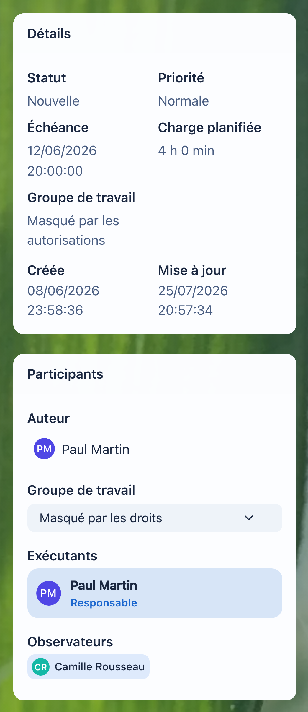 Détails de la tâche, travail à venir et participants dans LadVen OS
